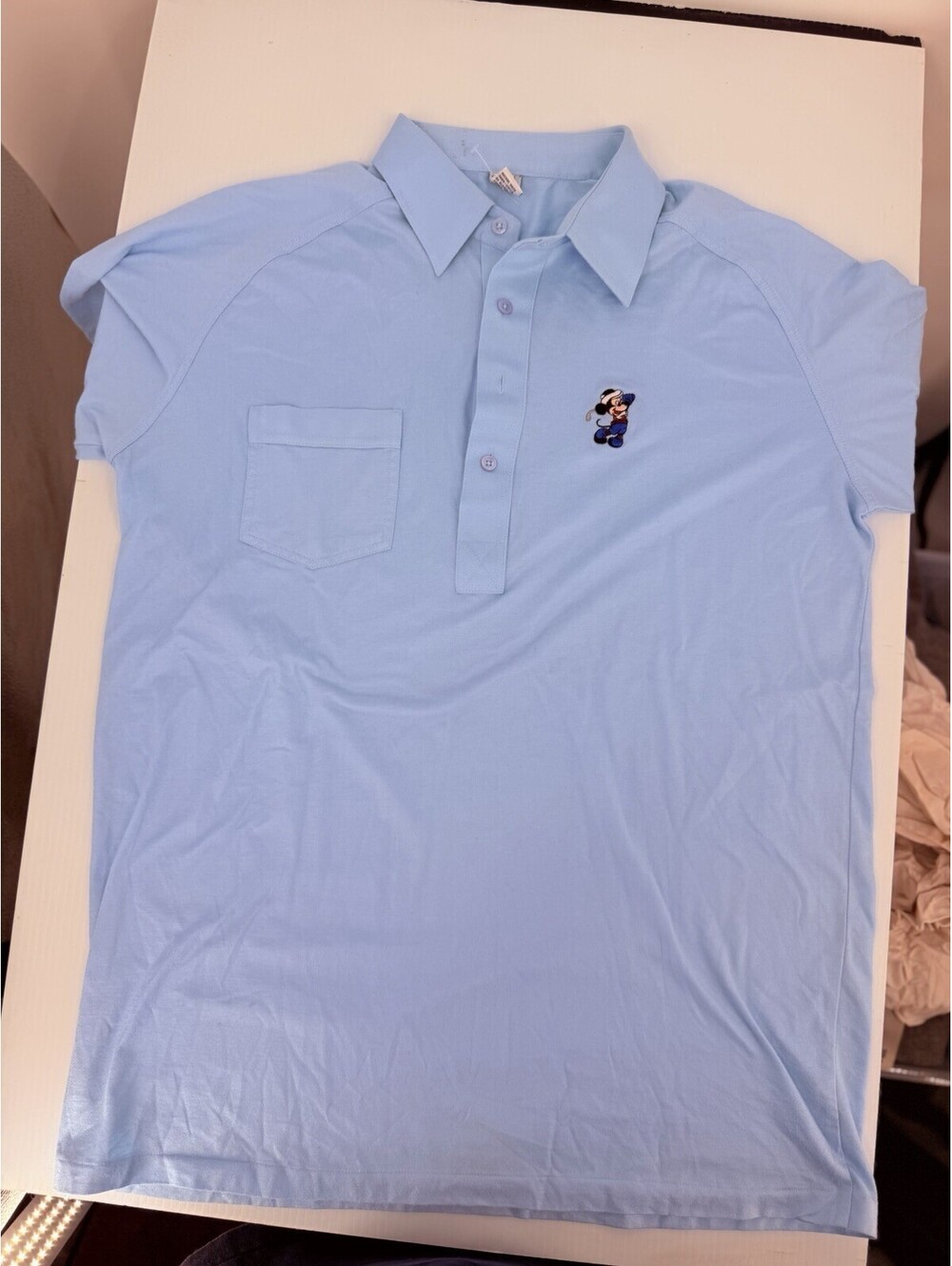 Vintage 80s Disney Fashions Mickey Mouse Golf Polo Powder Blue Mens L 21.5" Pit